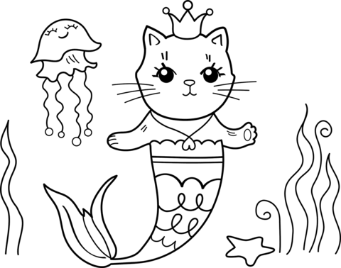 Mermaid Kitty Coloring Page